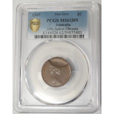 AUSTRALIA 1967 . TWO 2 CENTS COIN . ERROR . 35% INDENT OBVERSE AGAINST A BLANK